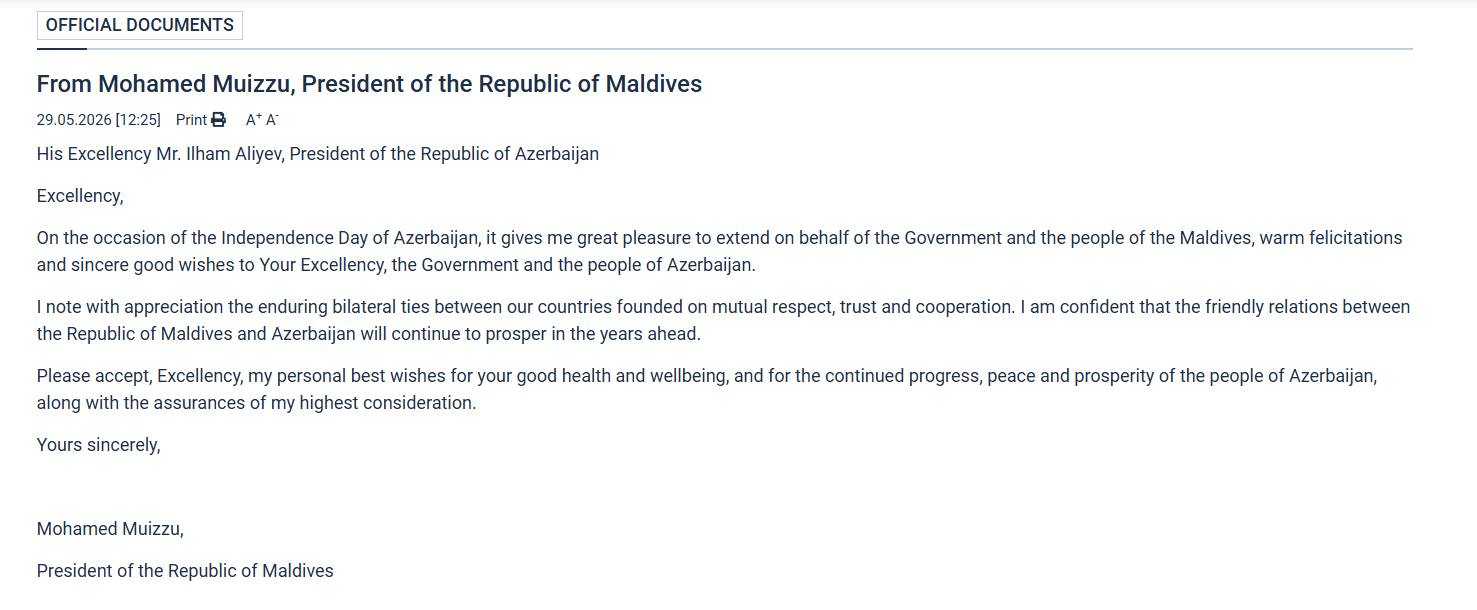 From Mohamed Muizzu, President of the Republic of Maldives Xeber basligi